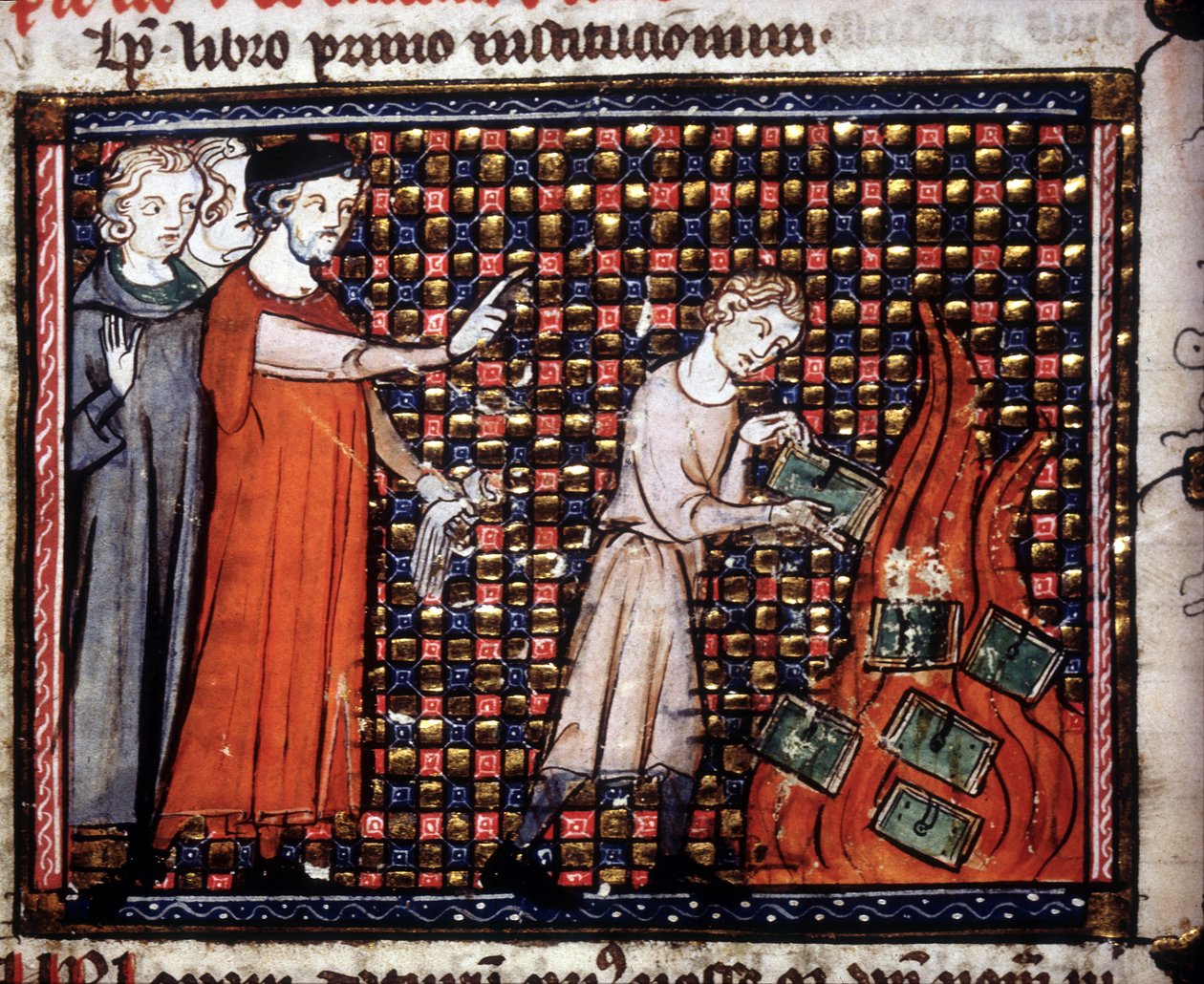 Obrazoburcy wrzucający do ognia miniaturowe rękopisy. Rękopis z XIV wieku. autorstwa Unknown artist