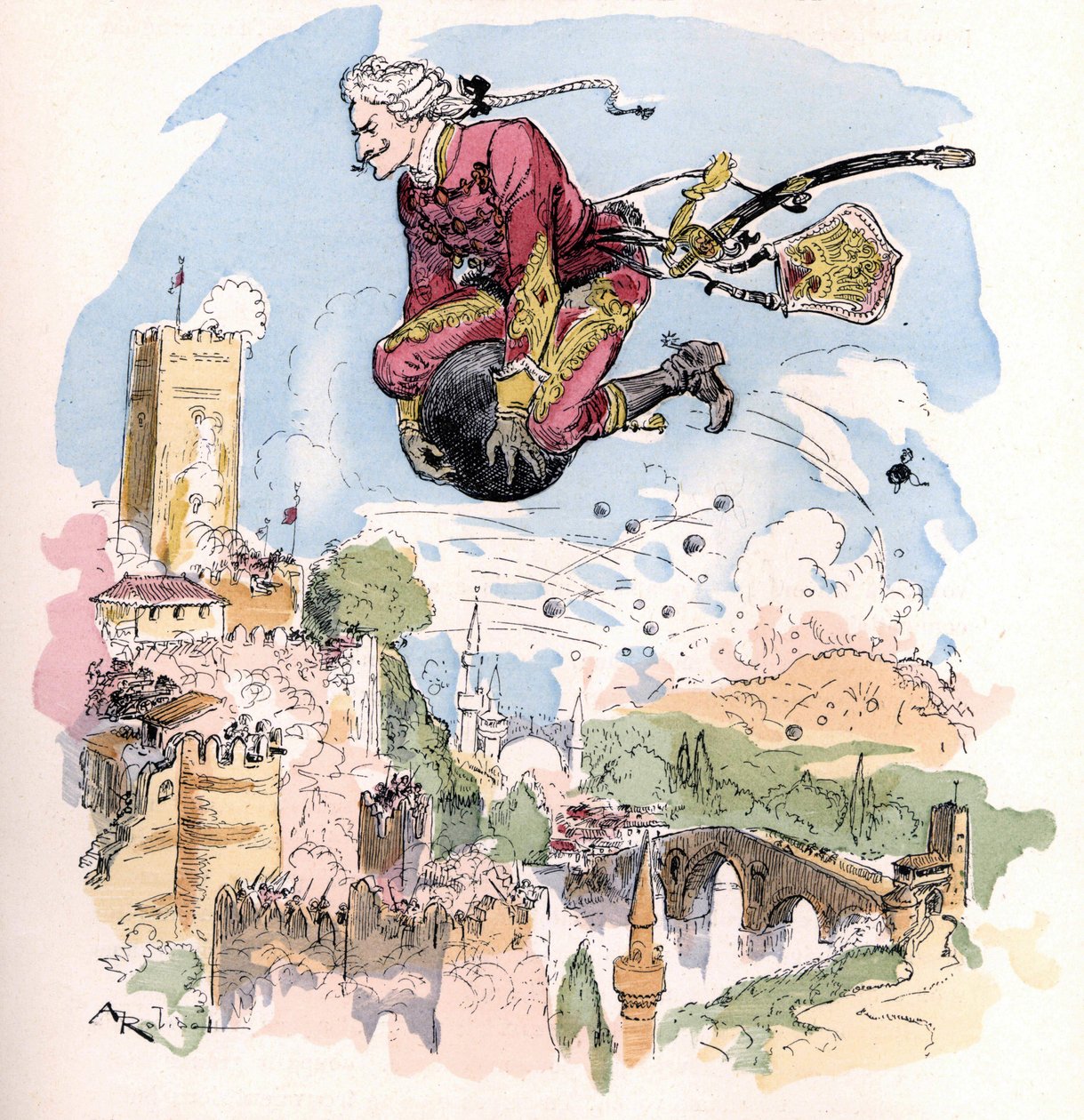 Ilustracja Alberta Robidy w „Histoire et aventures du Baron de Munchausen (Munchhausen), H. Laurens Ed., koniec XIX wieku.” autorstwa Unknown artist