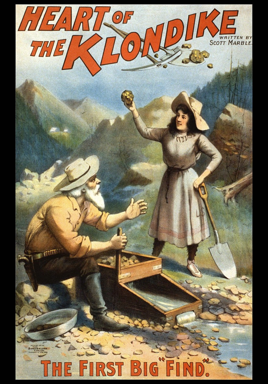 Ilustracja przedstawiająca poszukiwacza złota w Klondike. Serce Klondike firmy S. Marble. Plakat z końca XIX wieku. autorstwa Unknown artist