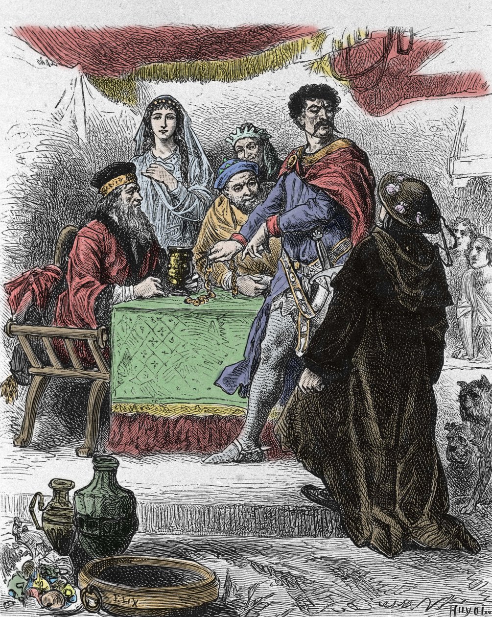 Ilustracja do „Ivanhoe” Waltera Scotta (1771-1832), szkockiego pisarza: Ivanhoe zostaje wyzwany przez saksońskiego rycerza Briana de Bois Guilberta. autorstwa Unknown artist