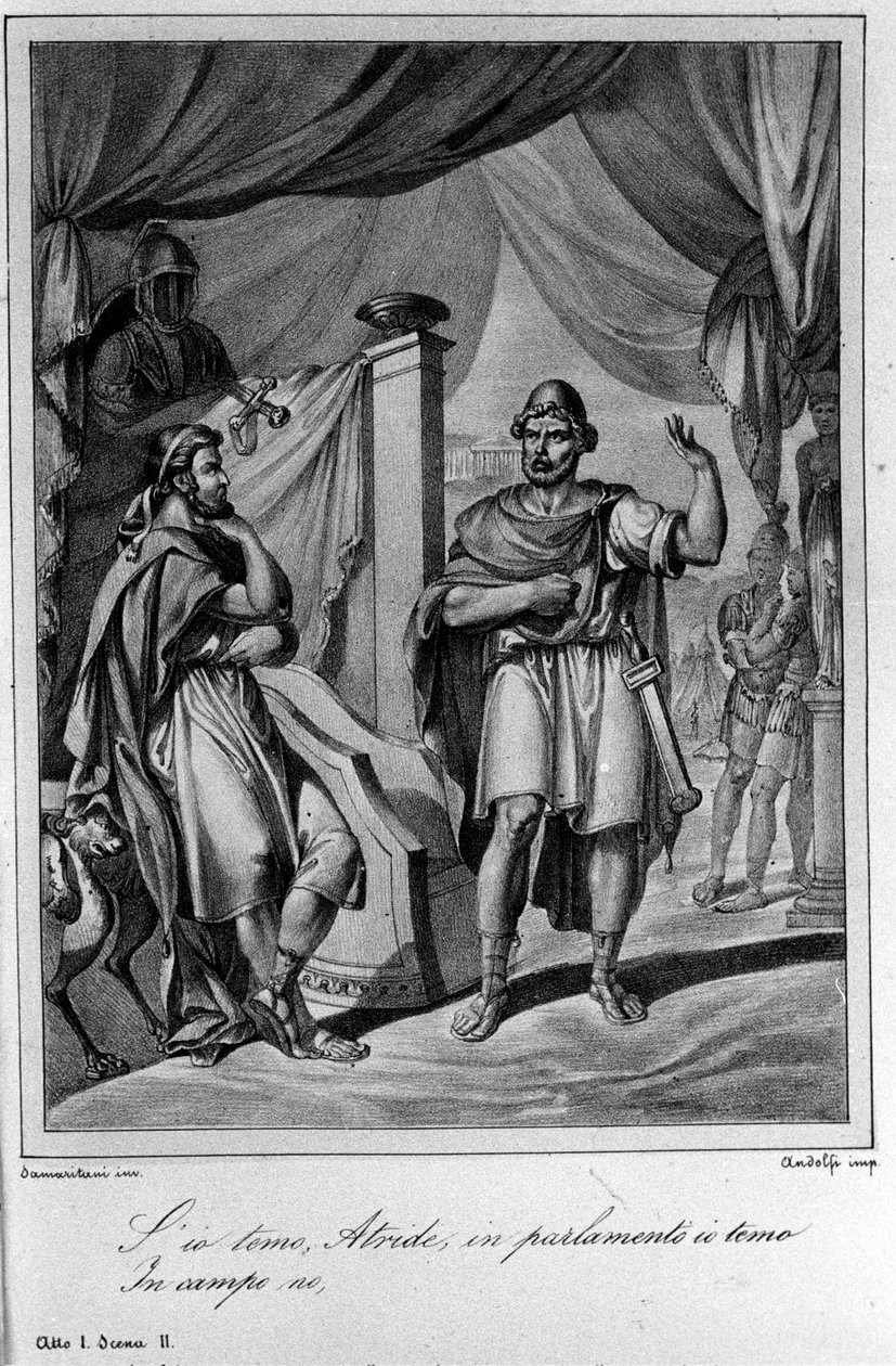 Ilustracja do sceny 2 aktu I „Ajaksu” (Aiace) włoskiego poety i dramaturga Ugo Foscolo (1778-1827) XIX wiek autorstwa Unknown artist