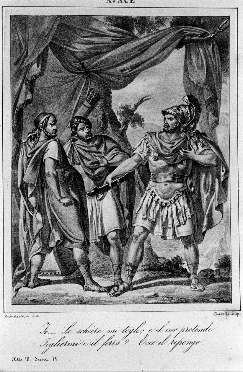 Ilustracja do sceny 3 aktu IV „”Ajax”” (Aiace) włoskiego poety i dramaturga Ugo Foscolo (1778-1827) XIX wiek autorstwa Unknown artist