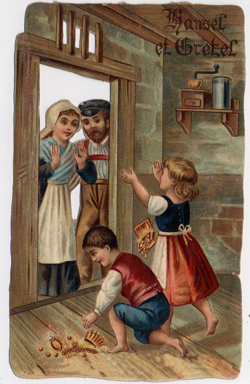 Ilustracja do opowieści braci Grimm „Jaś i Małgosia”: Jaś i Małgosia wrócili do swoich domów, oddali rodzicom posiadane klejnoty. Chromolitografia z końca XIX wieku. autorstwa Unknown artist