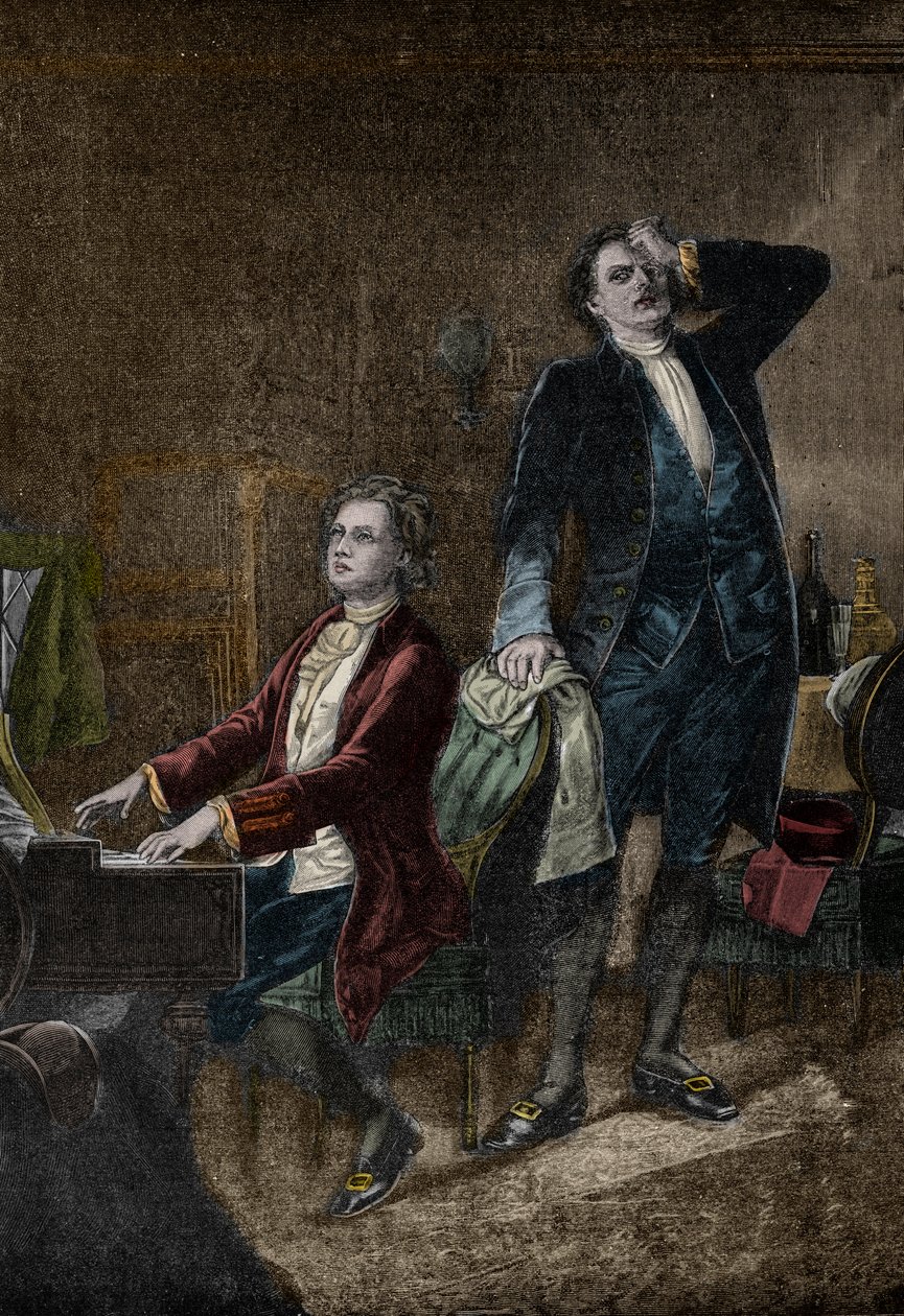 Ilustracja z dramatu „Mozart i Salieri”” Aleksandra Puszkina, Napisany w 1830 roku - Antonio Salieri zazdrosny Wolfganga Amadeusza Mozarta autorstwa Unknown artist