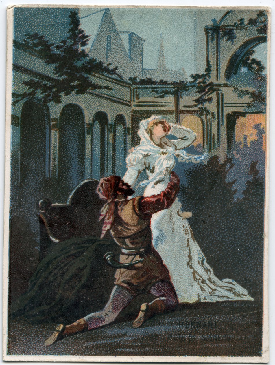 Ilustracja do „”Ernaniego” włoskiego kompozytora Giuseppe Verdiego (1813-1901), akt 2, scena IV opera powstała w 1844 roku po tragedii „”Hernani”” Victora Hugo. Chromolitografia z końca XIX wieku. autorstwa Unknown artist