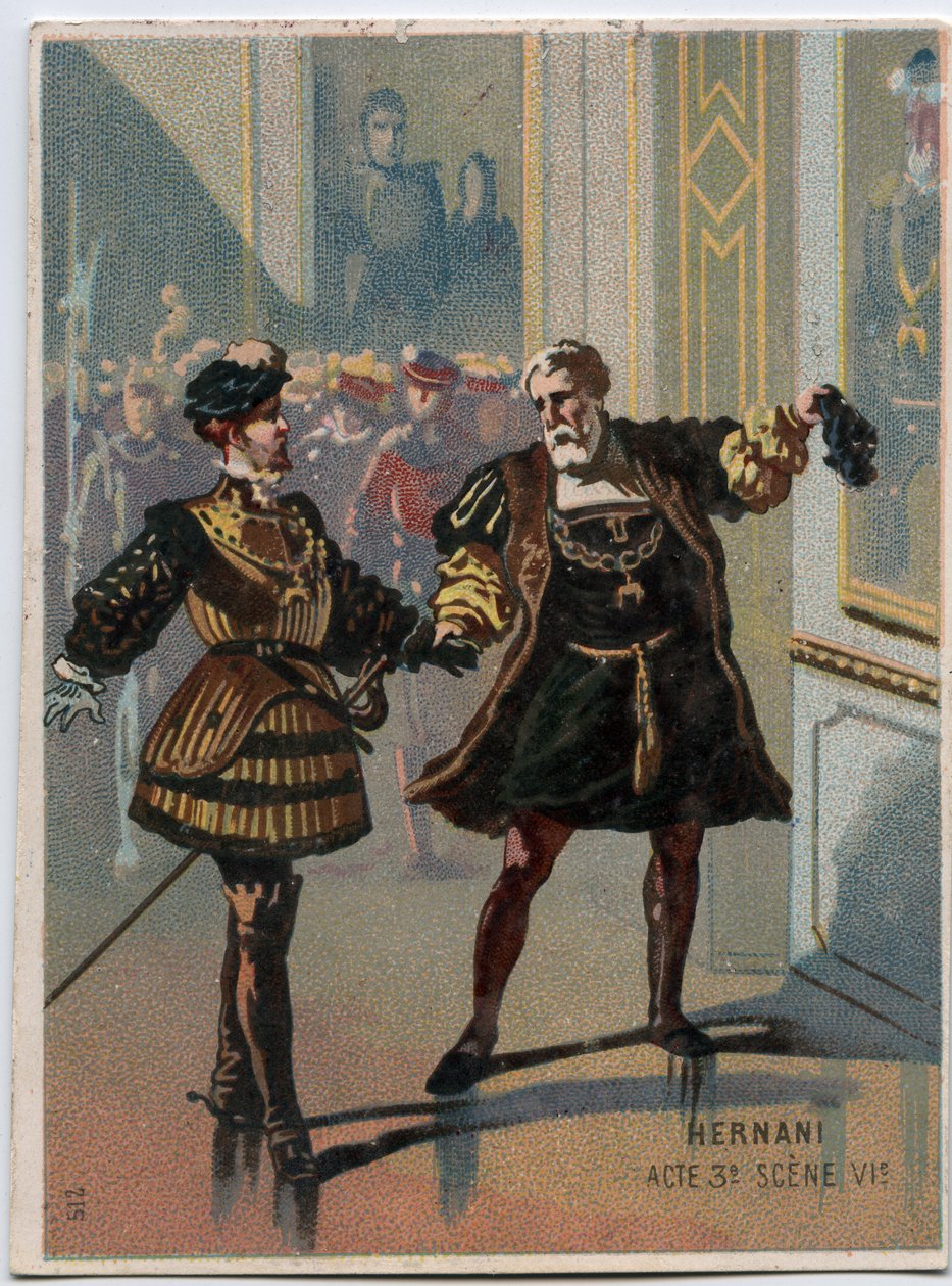 Ilustracja do „”Ernani” włoskiego kompozytora Giuseppe Verdiego (1813-1901), akt 3, scena VI opera stworzona w 1844 roku po tragedii „Hernani” Victora Hugo. Chromolitografia z końca XIX wieku. autorstwa Unknown artist