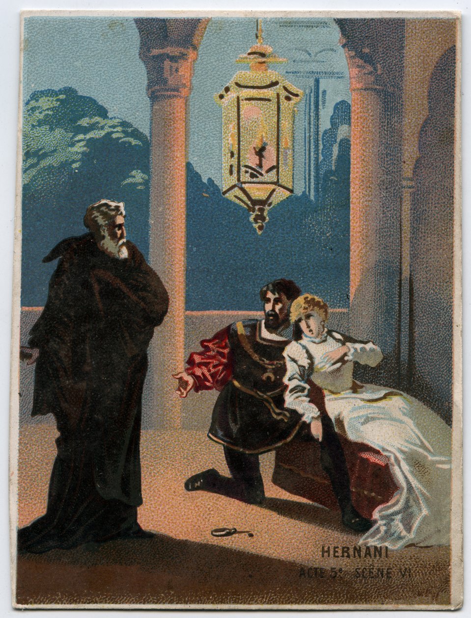 Ilustracja „”Ernani” włoskiego kompozytora Giuseppe Verdiego (1813-1901), akt 5, scena VI opera stworzona w 1844 roku po tragedii „Hernani” Victora Hugo. Chromolitografia z końca XIX wieku. autorstwa Unknown artist