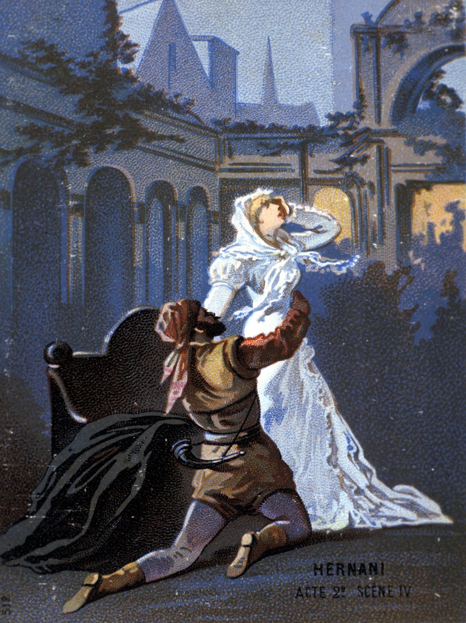 Ilustracja do „Ernani” włoskiego kompozytora Giuseppe Verdiego (1813 - 1901), akt II, scena 4, opera powstała w 1844 roku po tragedii Victora Hugo „Hernani”. chromolitografia z końca XIX wieku.. autorstwa Unknown artist