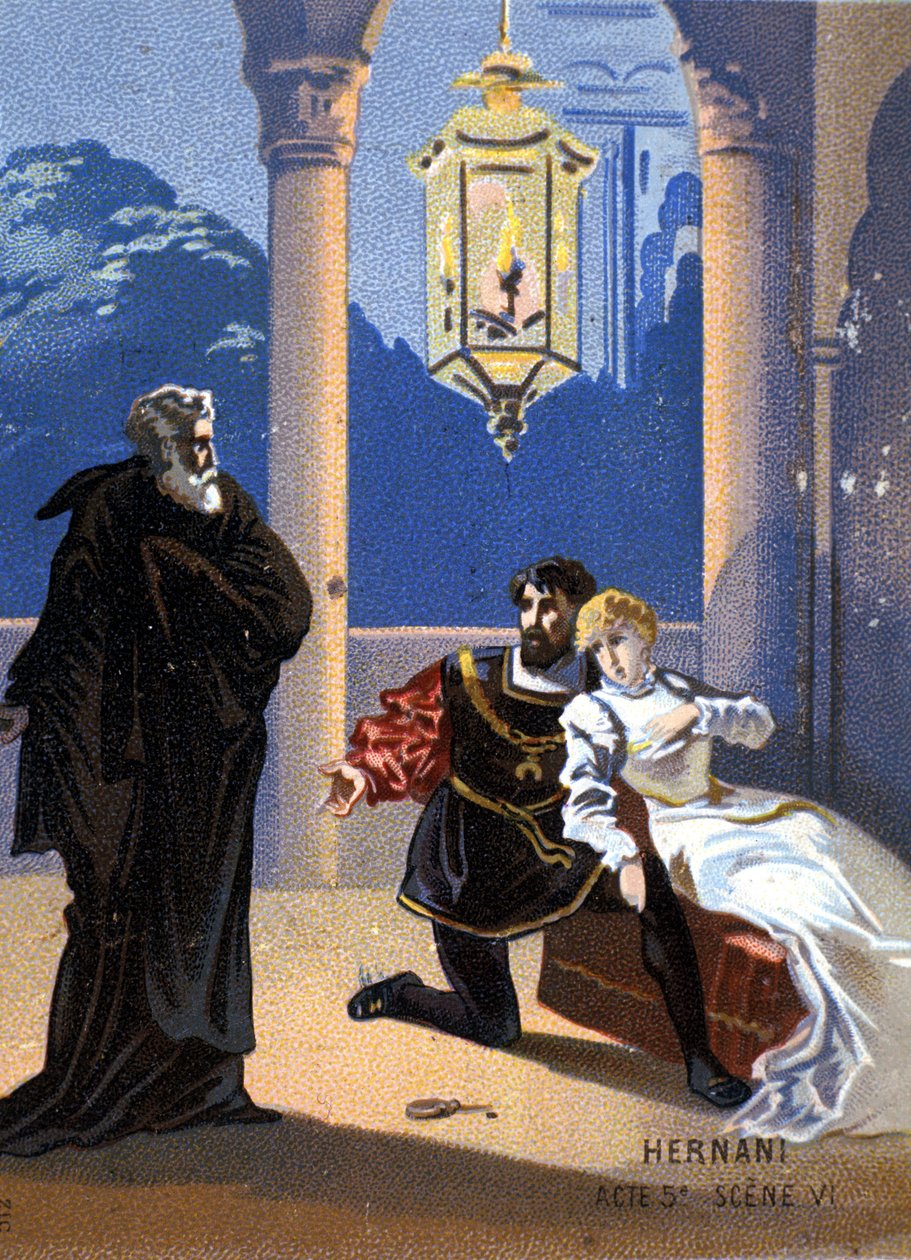 Ilustracja do „Ernani” włoskiego kompozytora Giuseppe Verdiego (1813 - 1901), akt V, scena 6, opera powstała w 1844 roku po tragedii Victora Hugo „Hernani”. chromolitografia z końca XIX wieku.. autorstwa Unknown artist