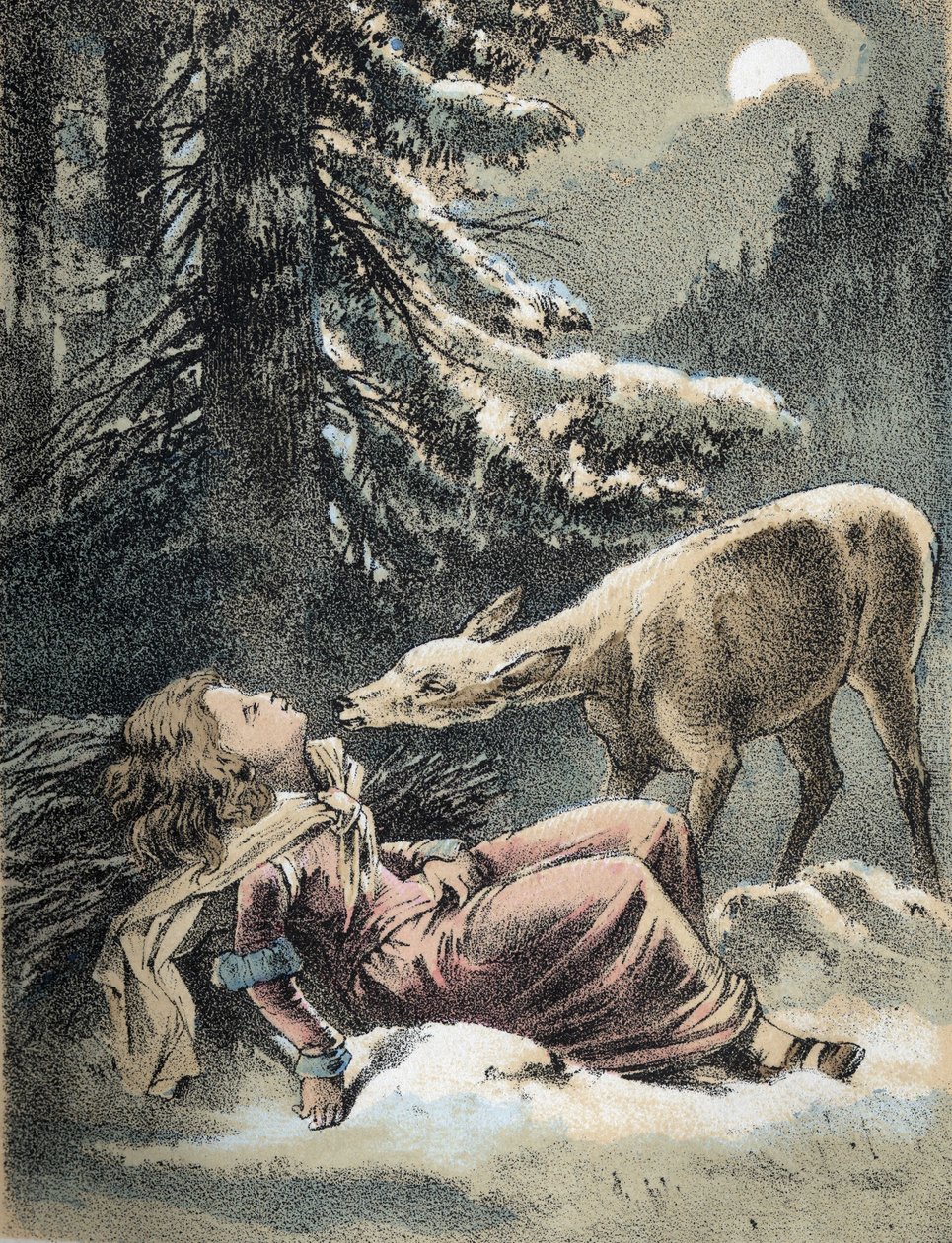 Ilustracja do bajek Franza Hoffmanna „Bajki i bajki – Von Weifshndchen und breitfschen””: dziewczyna zemdlała na śniegu i jeleń. Chromolitografia XIX wieku. autorstwa Unknown artist