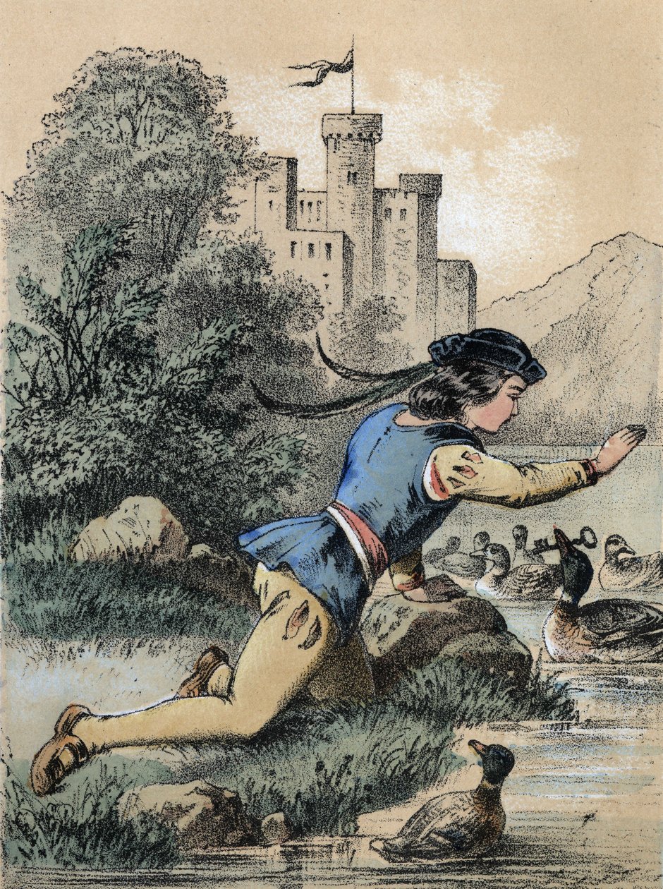 Ilustracja do baśni Franza Hoffmanna „” Tales et Fables - Les 3 princes””: Książę otrzymujący klucz od kaczki. Chromolitografia XIX wieku. autorstwa Unknown artist