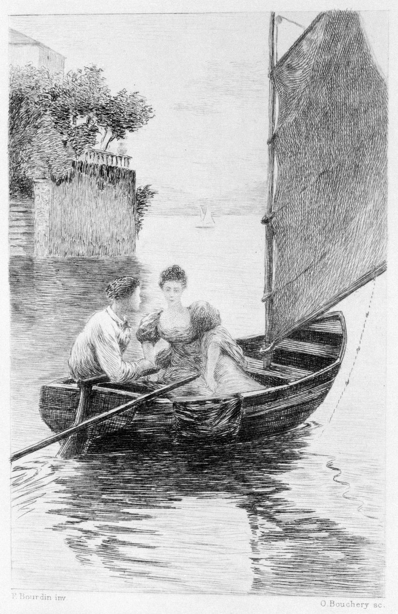 Ilustracja „Czerwonego i czarnego” autorstwa Stendhala. 1830. Julien Sorel i Madame de Renal reprezentowani na żaglówce. Rycina z końca XIX wieku. autorstwa Unknown artist