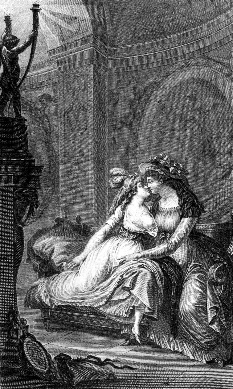 Ilustracja do „Niebezpiecznych ogniw” Choderlosa de Laclos (1741 - 1803): scena wyzwolenia między dwiema kobietami. autorstwa Unknown artist