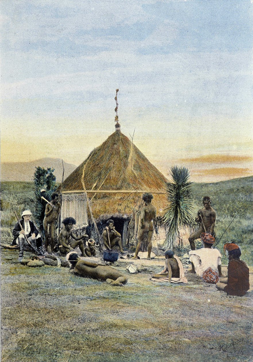 Ilustracja obozu telegraficznego w pobliżu Uarai w Nowej Kaledonii. autorstwa Unknown artist
