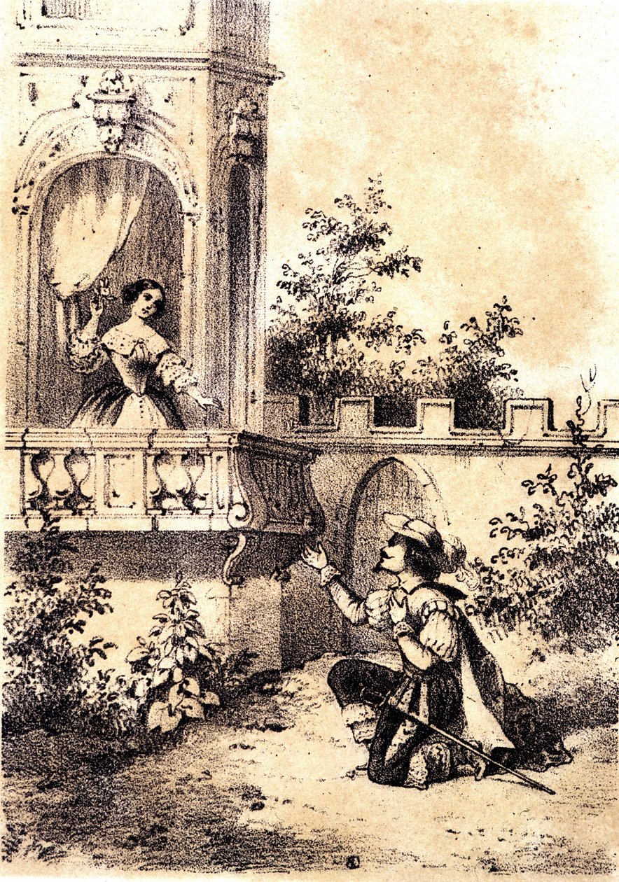 Ilustracja do piosenki „The King make the drum beat””: mężczyzna wyznający miłość kobiecie przy swoim oknie. sd. autorstwa Unknown artist