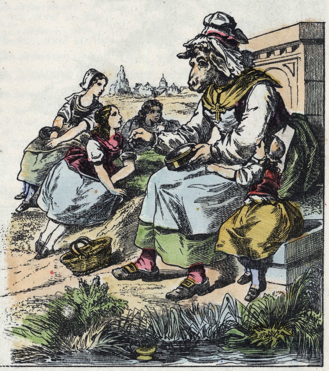 Ilustracja do bajki „Dobra mama owca”. W „Opowieściach z domu dla najmłodszych””. Anonimowy rycina z XIX wieku. autorstwa Unknown artist