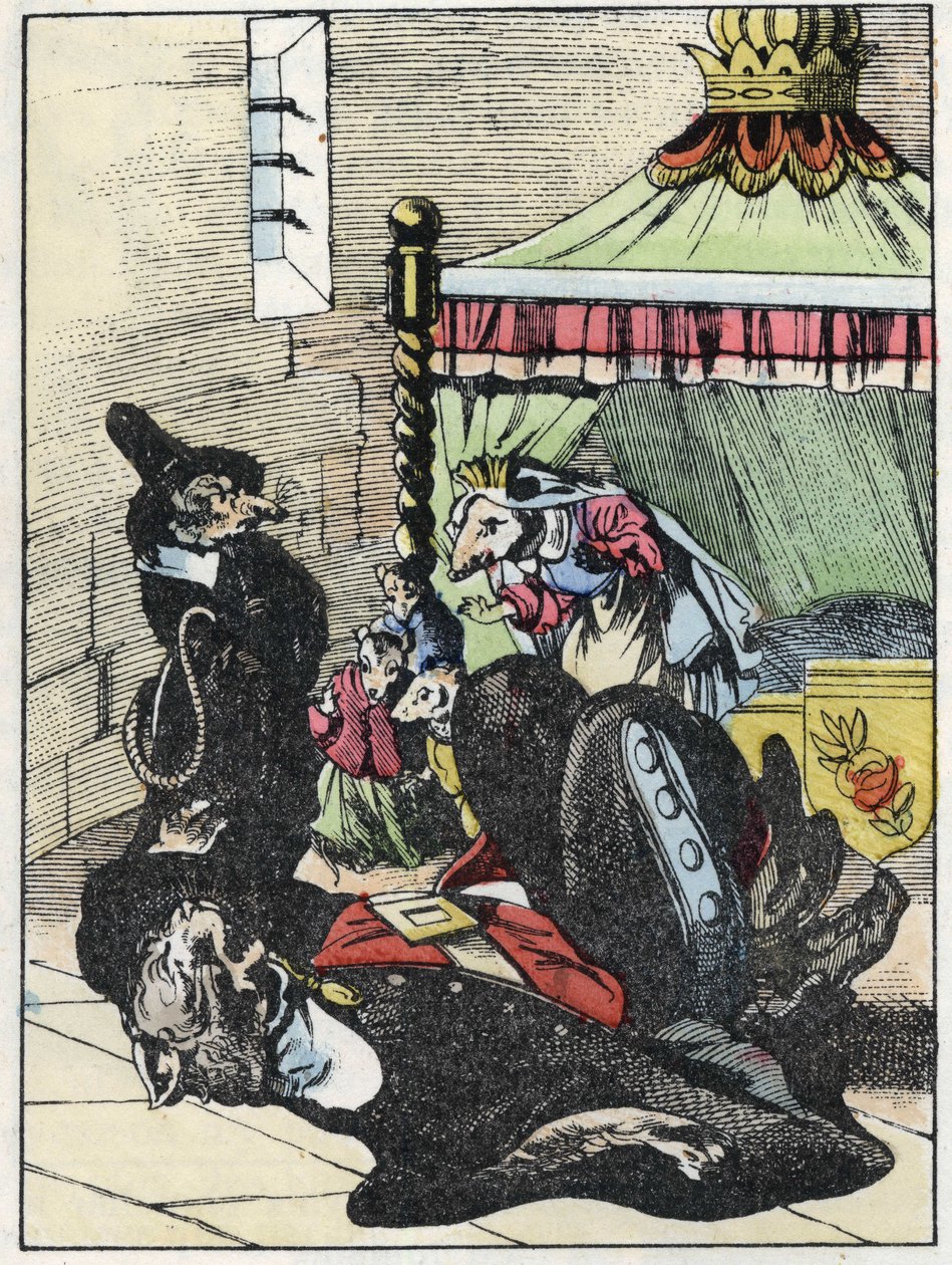 Ilustracja do bajki „Straszny Raminagrobis i myszy”””””””””””””””””””””””””””””””””””””””””””””””””””. W „Opowieściach z domu dla najmłodszych””. Anonimowy rycina z XIX wieku. autorstwa Unknown artist