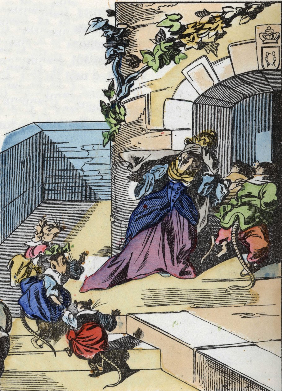 Ilustracja do bajki „Straszny Raminagrobis i myszy”””””””””””””””””””””””””””””””””””””””””””””””””””. W „Opowieściach z domu dla najmłodszych””. Anonimowy rycina z XIX wieku. autorstwa Unknown artist
