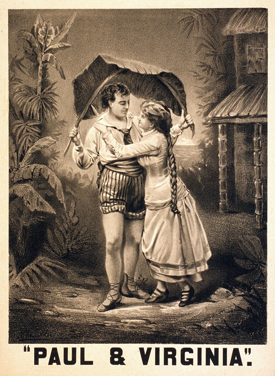 Ilustracja na temat Paula i Wirginii. Roman autorstwa Henri Bernardina de Saint Pierre (Saint-Pierre lub St-Pierre), pisarz francuski (1737-1814). Litografia, ok. 1880 r. autorstwa Unknown artist