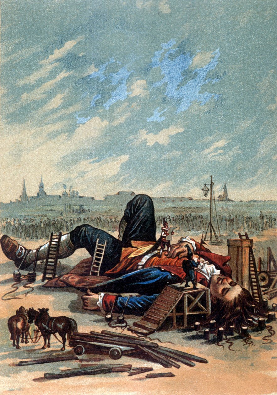 Ilustracja przedstawiająca Lilliputian doczepianie Guliwera. Chromolitografia, s.d. Koniec XIX wieku. autorstwa Unknown artist