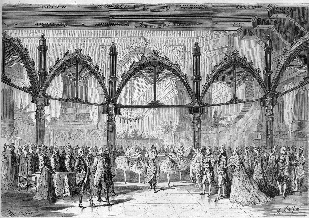 Cesarski Teatr Opery Komicznej: Scena IV, Akt II opery „Pierwszy dzień szczęścia” Daniela Francois Esprit Aubera (1782-1871). Grawerowanie w „”Wspaniałym wszechświecie”” autorstwa Unknown artist