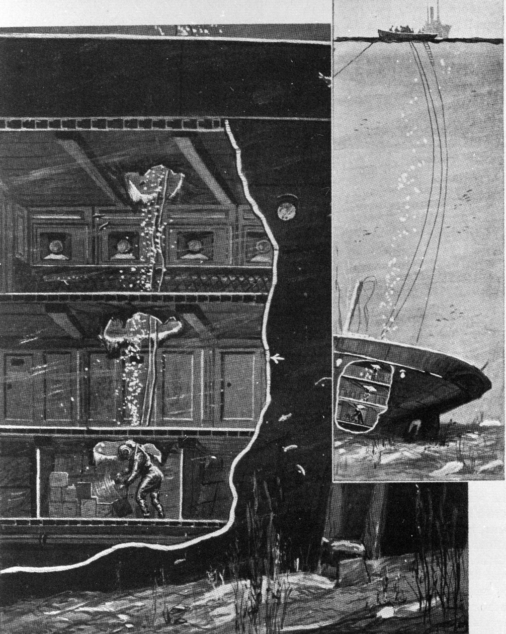 W 1885 roku nurek Alexander Lambert dotarł do skarbca wraku „Alfonsa XII” w głębinach Wysp Kanaryjskich. Ilustracja okresu autorstwa Unknown artist