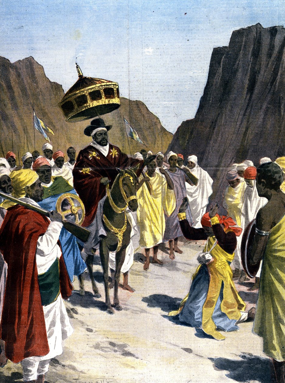 W Borumiedzie, Ras Mangacha, gubernator prowincji Tigrai (Tigray) w Abisynii dokonuje aktu poddania się Negusowi Menelikowi II (1844 - 1913) z kamieniem na szyi. 1899. Zdj. Sylwetka dla prasy. autorstwa Unknown artist