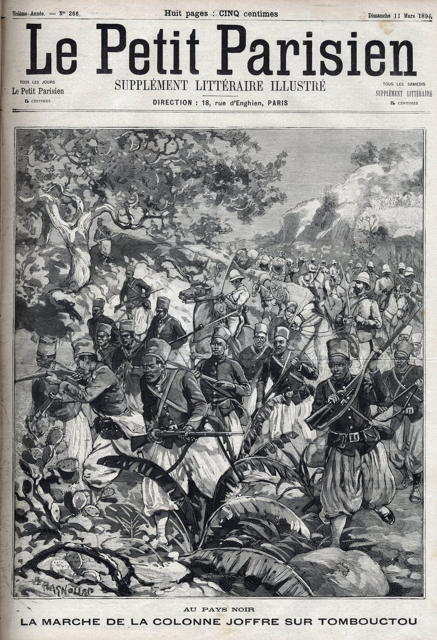 W koloniach francuskich: przemarsz kolumny generała Josepha Joffre (1852-1931) i jego armii spahisów na Timbuktu (Mali). Grawerowanie w „”Le Parisien”” autorstwa Unknown artist