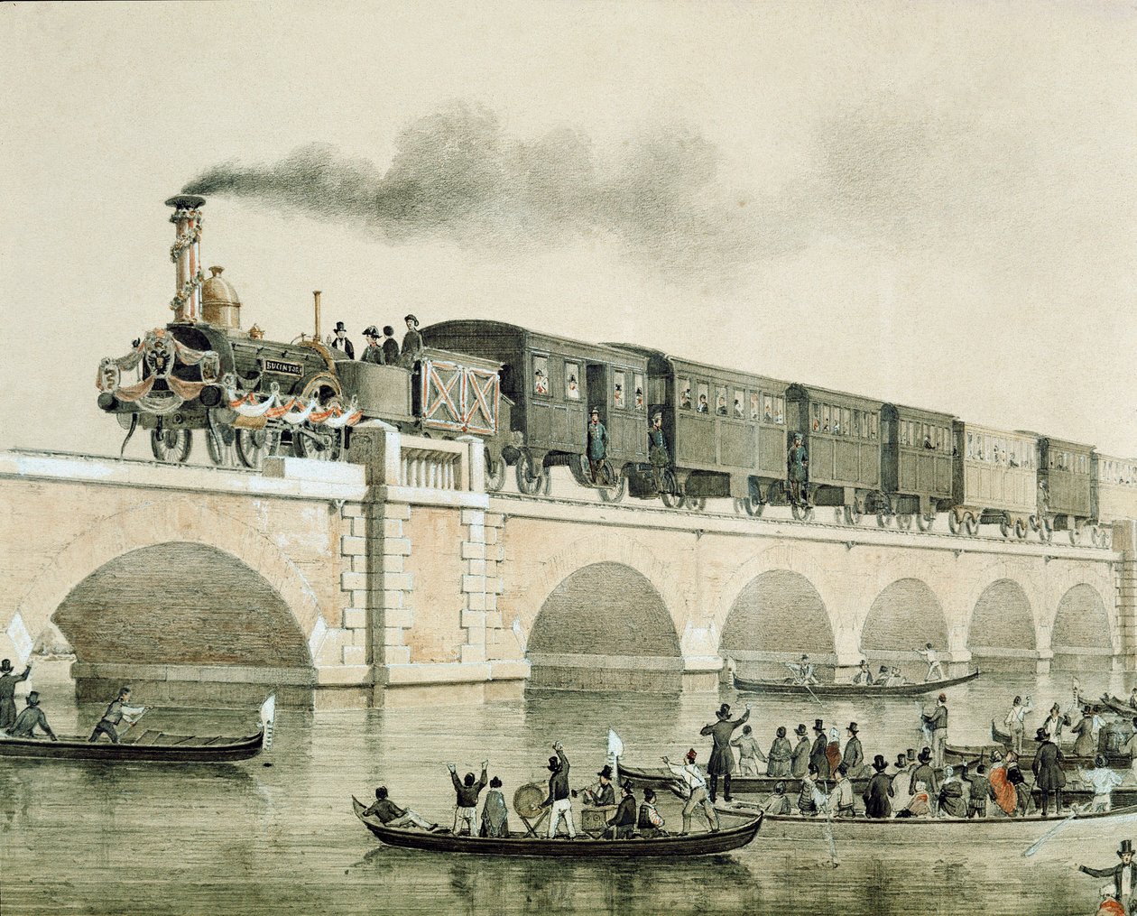 Inauguracja mostu nad laguną wenecką, aby połączyć miasto z kontynentem (litografia autorstwa Unknown artist