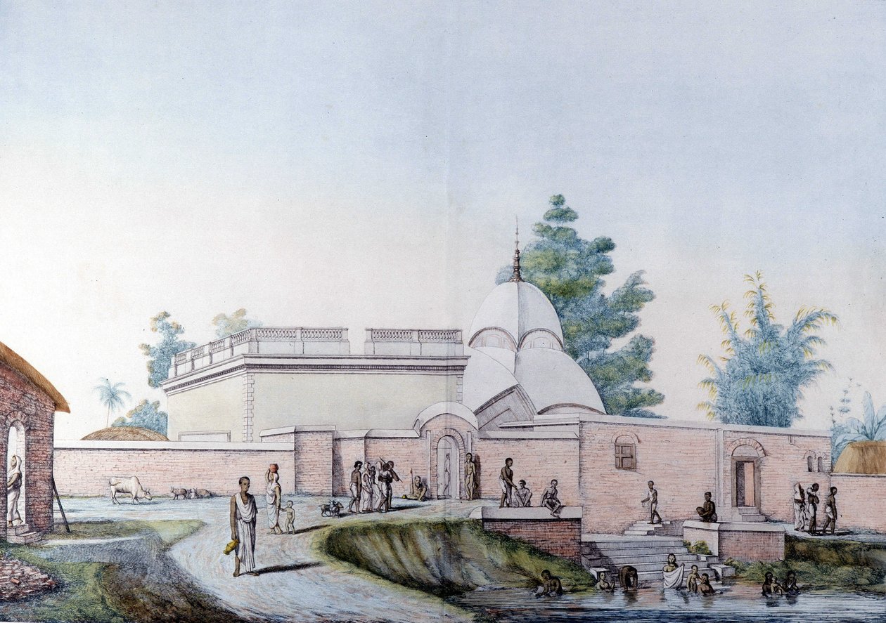 Kultura i cywilizacja indyjska: kąpiel w rzece Hooghly w Kalkucie (lub Kalkucie), Indie. Grawerowanie 1808. autorstwa Unknown artist