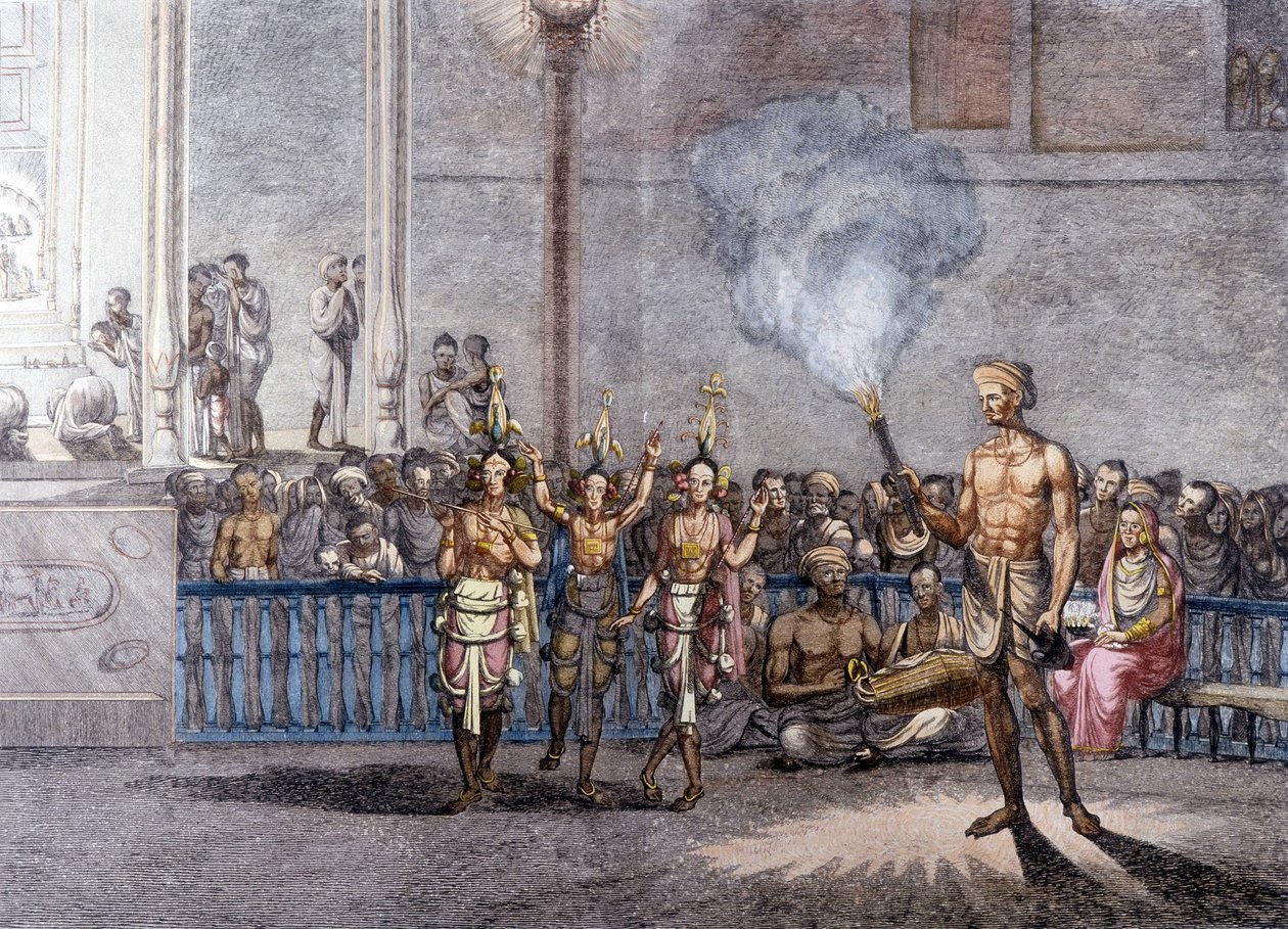 Kultura i cywilizacja indyjska: Taniec na cześć Kryszny (Krisny lub Kryszna) bóstwa Brahmana w Indiach. Grawerowanie 1808. autorstwa Unknown artist
