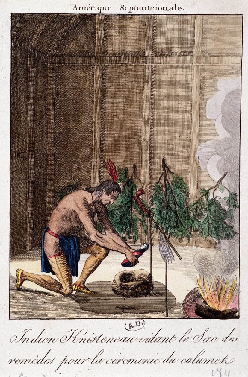 Indianin Knisteneau opróżniający torbę lekarstw na ceremonię Calumet autorstwa Unknown artist