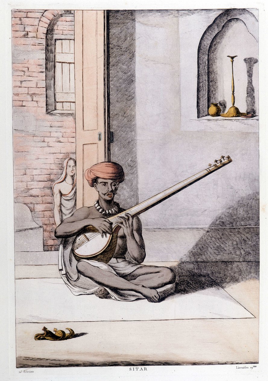 Kultura i cywilizacja indyjska: muzyk grający na sitarze, tradycyjnym instrumencie muzycznym, Indie. Grawerowanie 1808. autorstwa Unknown artist
