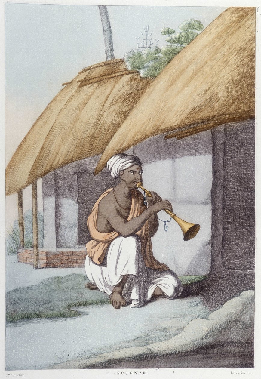 Kultura, cywilizacja i społeczeństwo Indii: muzyk grający na tradycyjnym indyjskim flecie. Grawerunek z 1808 roku. autorstwa Unknown artist