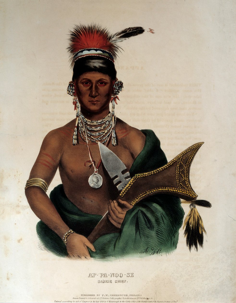 Indianin z Ameryki: „”Portret wodza indiańskiego Saukie Ap Pa Noo See”” Anonimowa litografia z 1836 r. La Rochelle, Musee du Nouveau Monde autorstwa Unknown artist