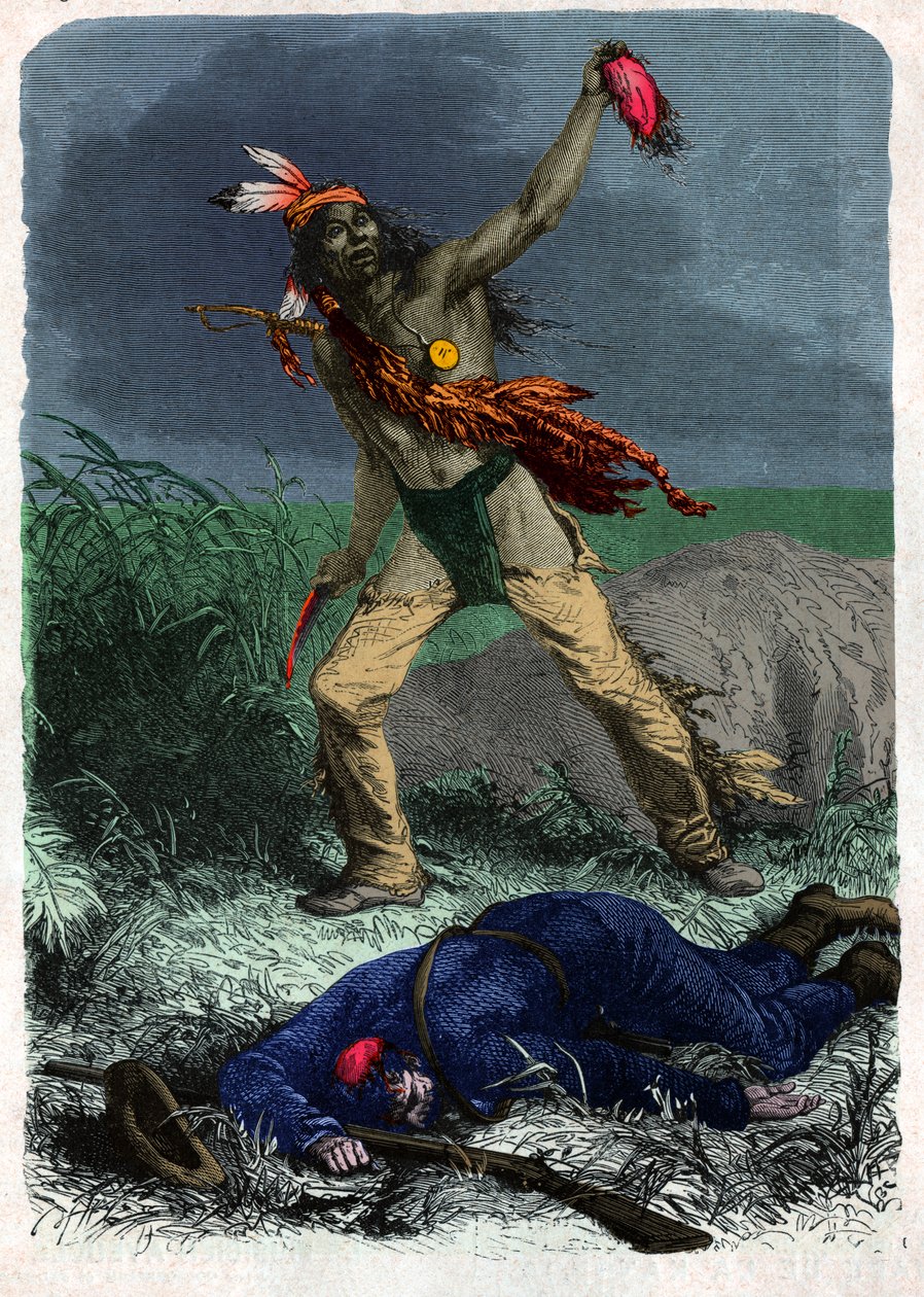 Indianin skalpuje żołnierza. (ilustracja, ok. 1900) autorstwa Unknown artist