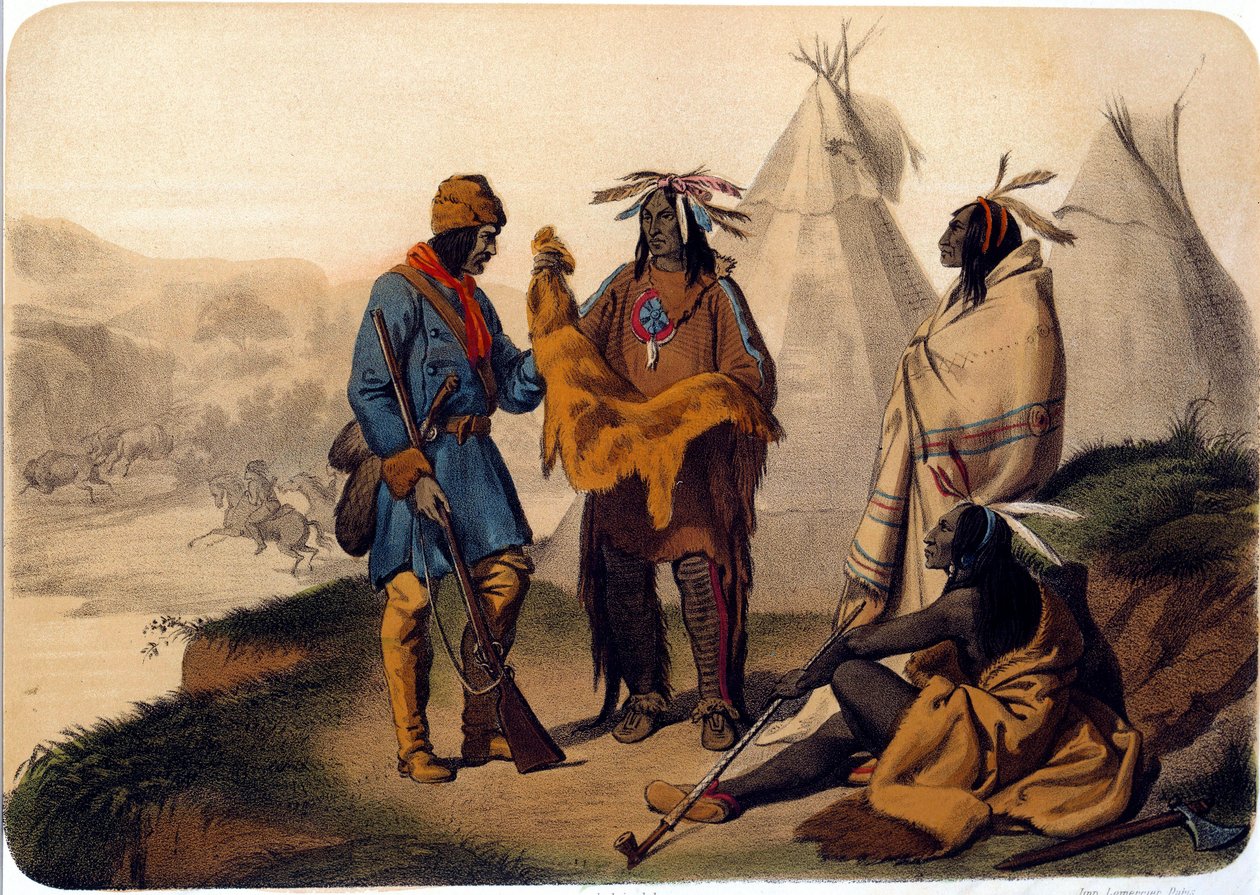 Indianie Ameryki: traper handlujący z Czerwonymi Skórami, wymieniają się skórkami z buraków, jeden z Indian pali kałamarnicę. XIX-wieczna litografia La Rochelle, Musee du Nouveau Monde autorstwa Unknown artist