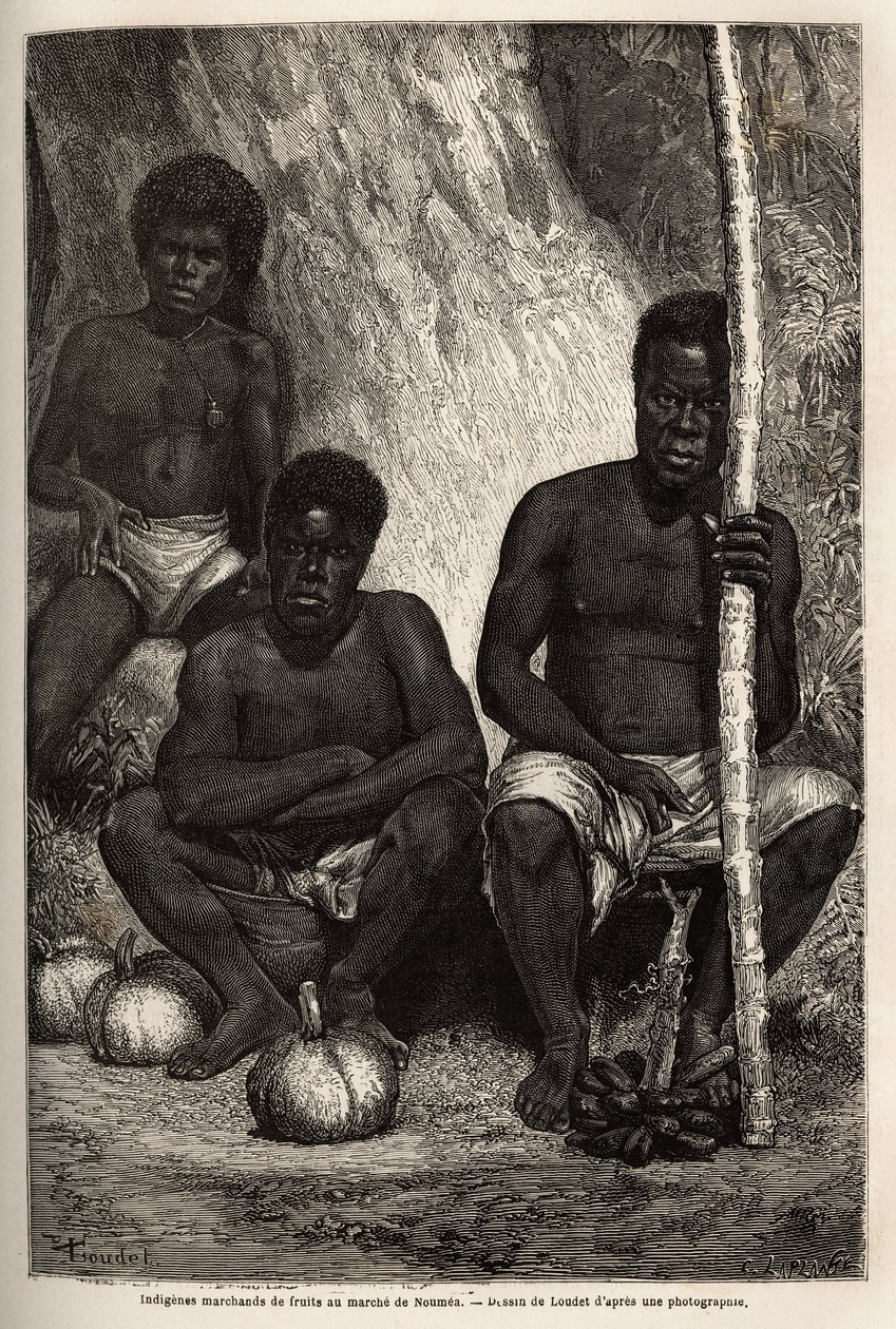 Handlarz owocami Indigenes, na rynku Noumea (Nowa Kaledonia). Grawer ilustrujący podróż do Nowej Kaledonii w latach 1863-1866 autorstwa Julesa Garniera, inżyniera budownictwa, w „Le tour du monde, nouveau journal des voyages” opublikowanym pod tytułem dire autorstwa Unknown artist