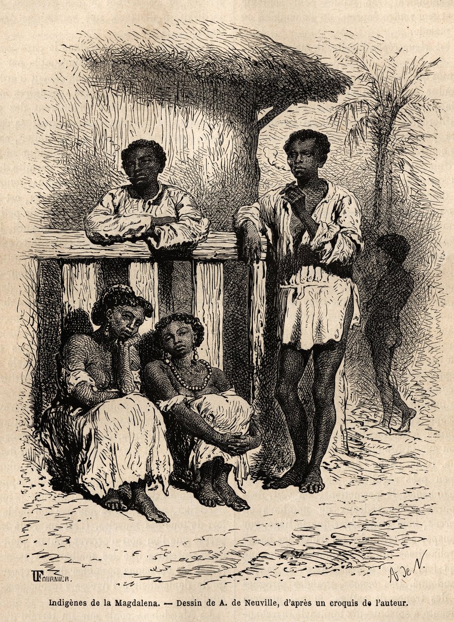 Rdzenni mieszkańcy Magdaleny (rzeki), na ulicach miasta Mompox (Kolumbia). Rycina ilustrująca podróż do Nowej Granady, autorstwa dr Saffray, w 1869, opublikowana w „Le tour du monde”” 1872, pod redakcją Edouarda Chartona, wydanie Hachette, autorstwa Unknown artist