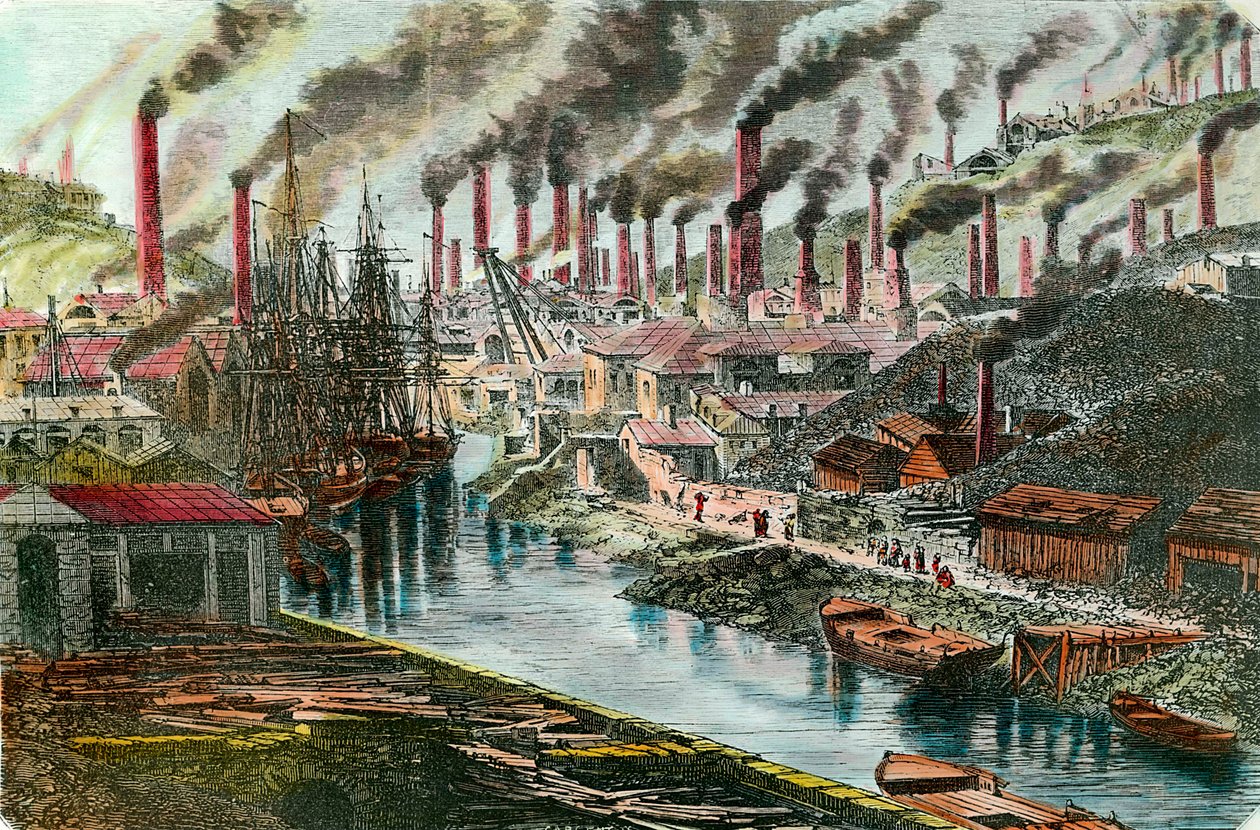 Rewolucja przemysłowa: przegląd fabryki miedzi pana Viviana w Swansea w Walii. Rycina XIX wieku. Prywatna kolekcja. autorstwa Unknown artist