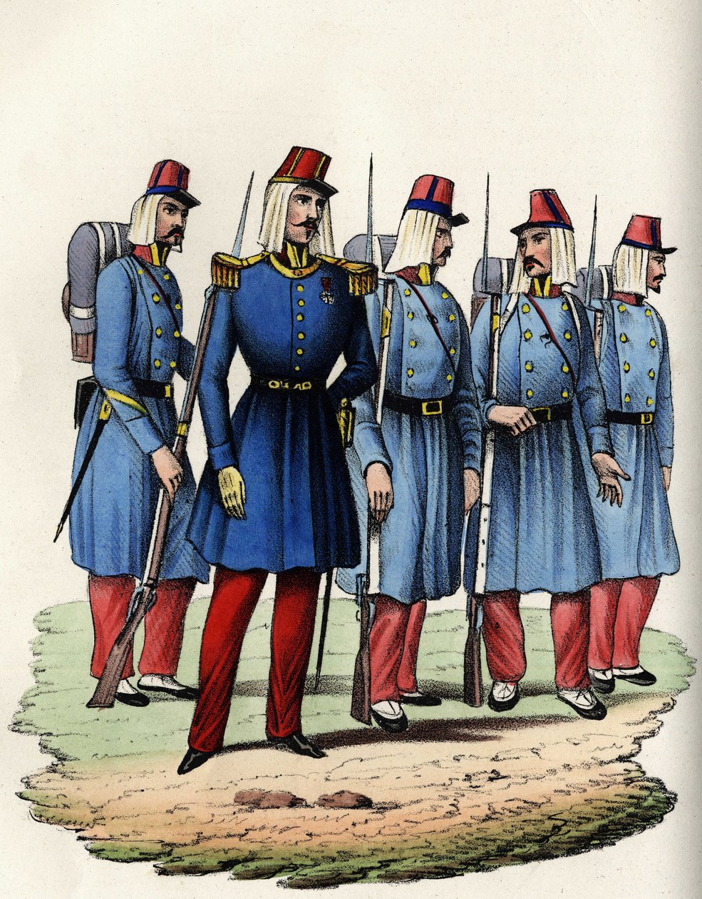 Piechota francuskiej armii Afryki; oficer, podoficer i żołnierze w Algierii w 1830 r. W „”Storia d