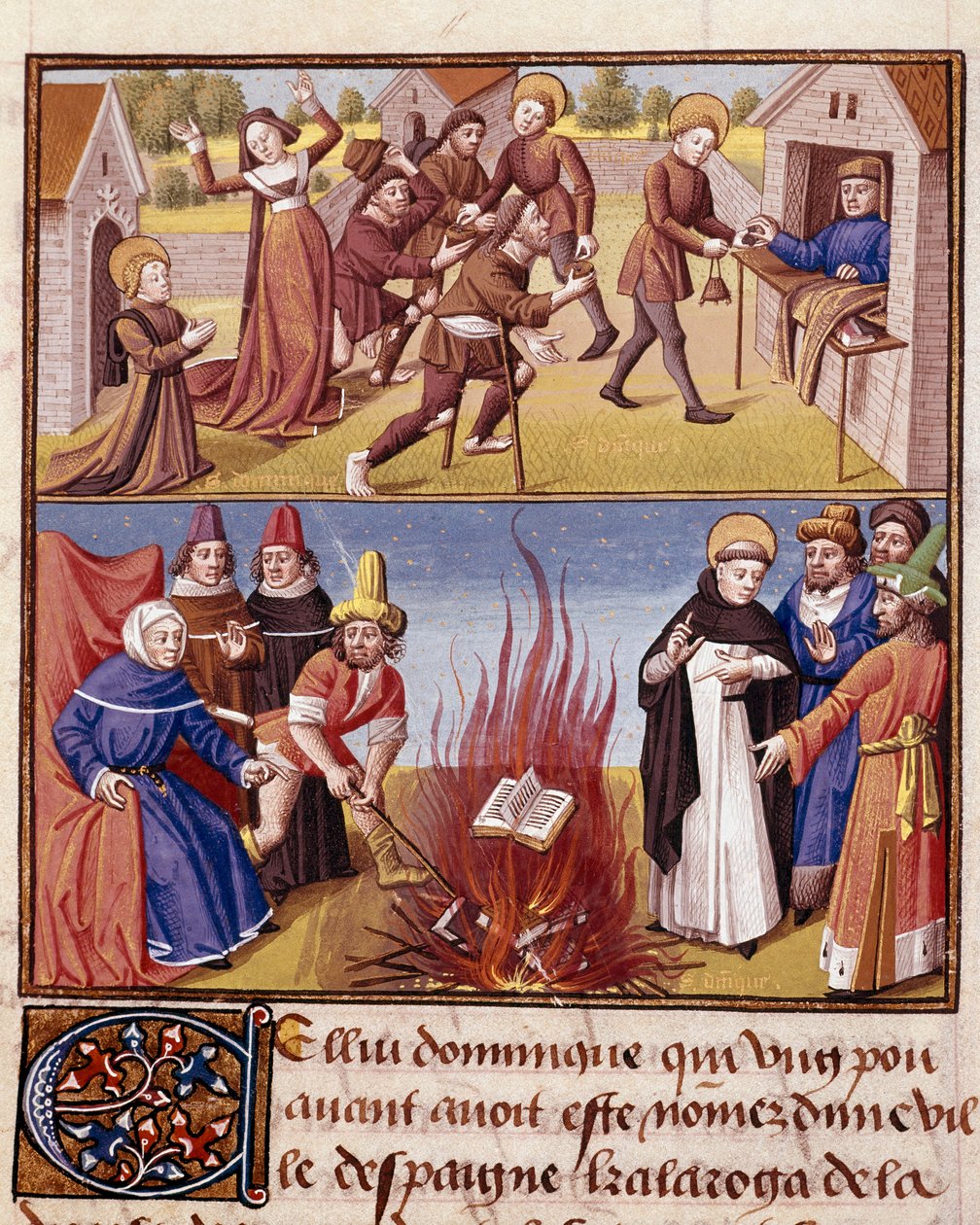 Inkwizycja „” Autodafe przewodniczy św. Dominikowi de Guzmanowi (1170-1221), założycielowi zakonu dominikanów, dowód ognia księgi heretyckiej i księgi prawosławnej” „Miniatura w „” Le miroir historyl”” (Speculum Historiale) ( ks. 1196, k. 372) autorstwa autorstwa Unknown artist