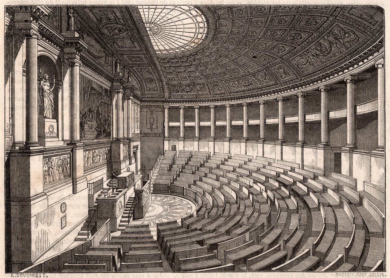 Wnętrze Izby Deputowanych (Zgromadzenia Narodowego), dawniej Palais Bourbon, Paryż, Francja autorstwa Unknown