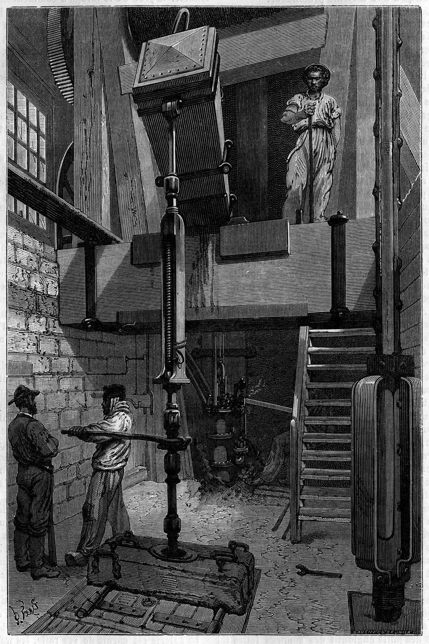 Montaż wiertarki do odkrycia złoża węgla. Grawerowanie w „Le journal de la jeunesse”” autorstwa Unknown artist