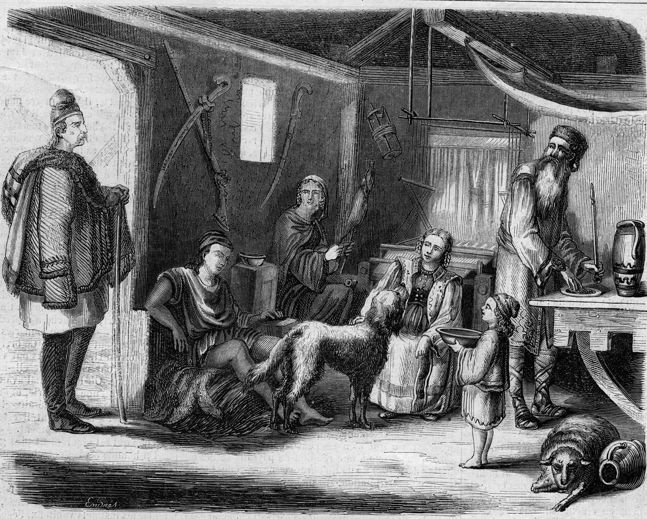 Wnętrze serbskiego domu chłopskiego w okolicach Belgradu w 1859 roku. autorstwa Unknown artist