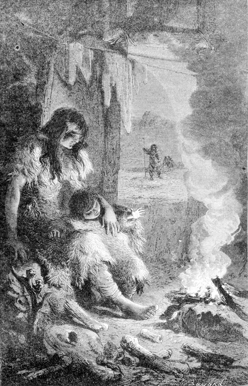 Wnętrze prehistorycznej chaty. Grawerowanie z XIX wieku. autorstwa Unknown artist