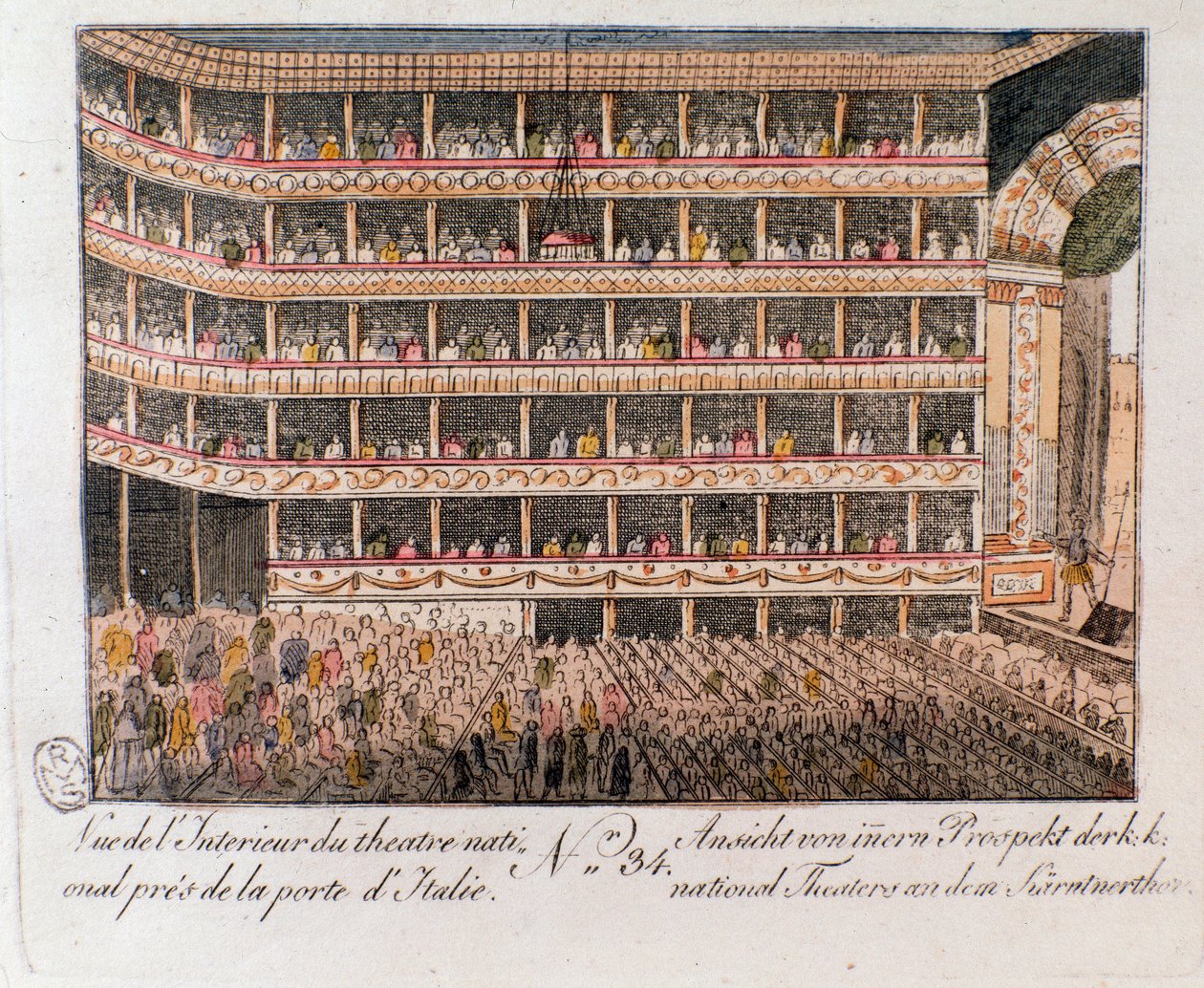 Wnętrze Teatru Narodowego w pobliżu włoskiej bramy w Wiedniu, Austria. (Widok wnętrza Teatru Narodowego, Wiedeń, Austria) Grawer z 1815 r. kolekcja prywatna autorstwa Unknown artist