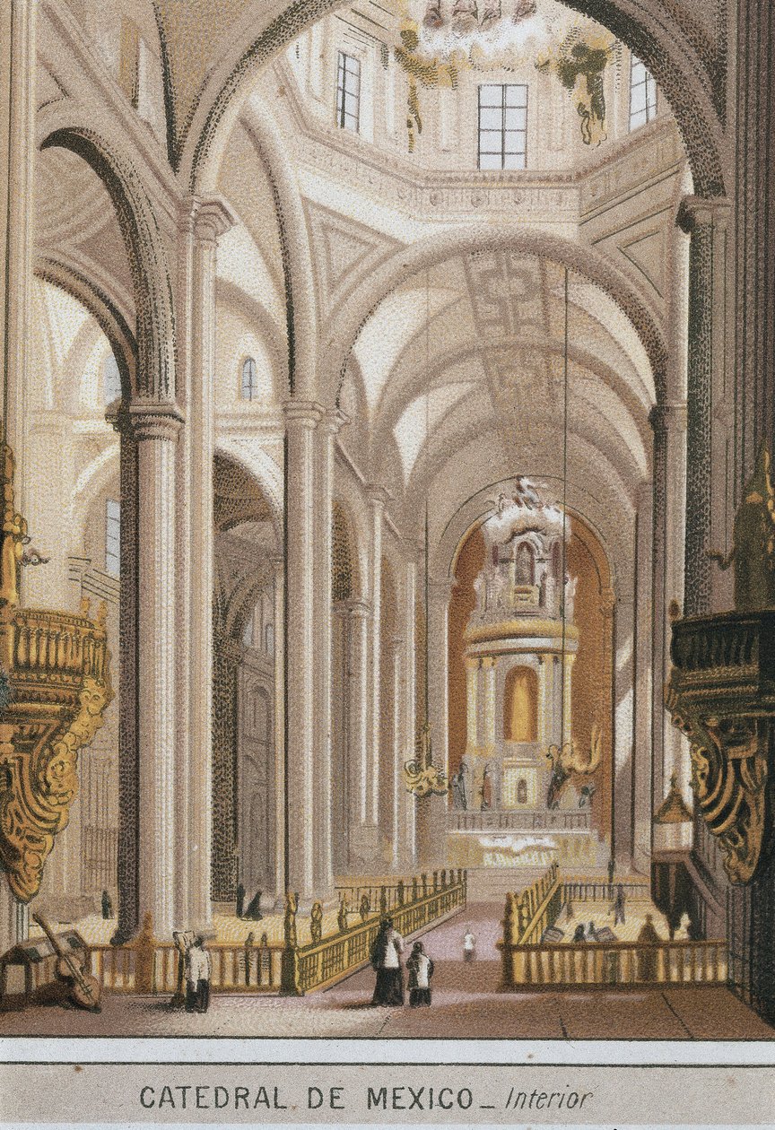 Widok wnętrza katedry Guadalajara w Mexico City, Meksyk. Chromolitografia ok. 1880 autorstwa Unknown artist