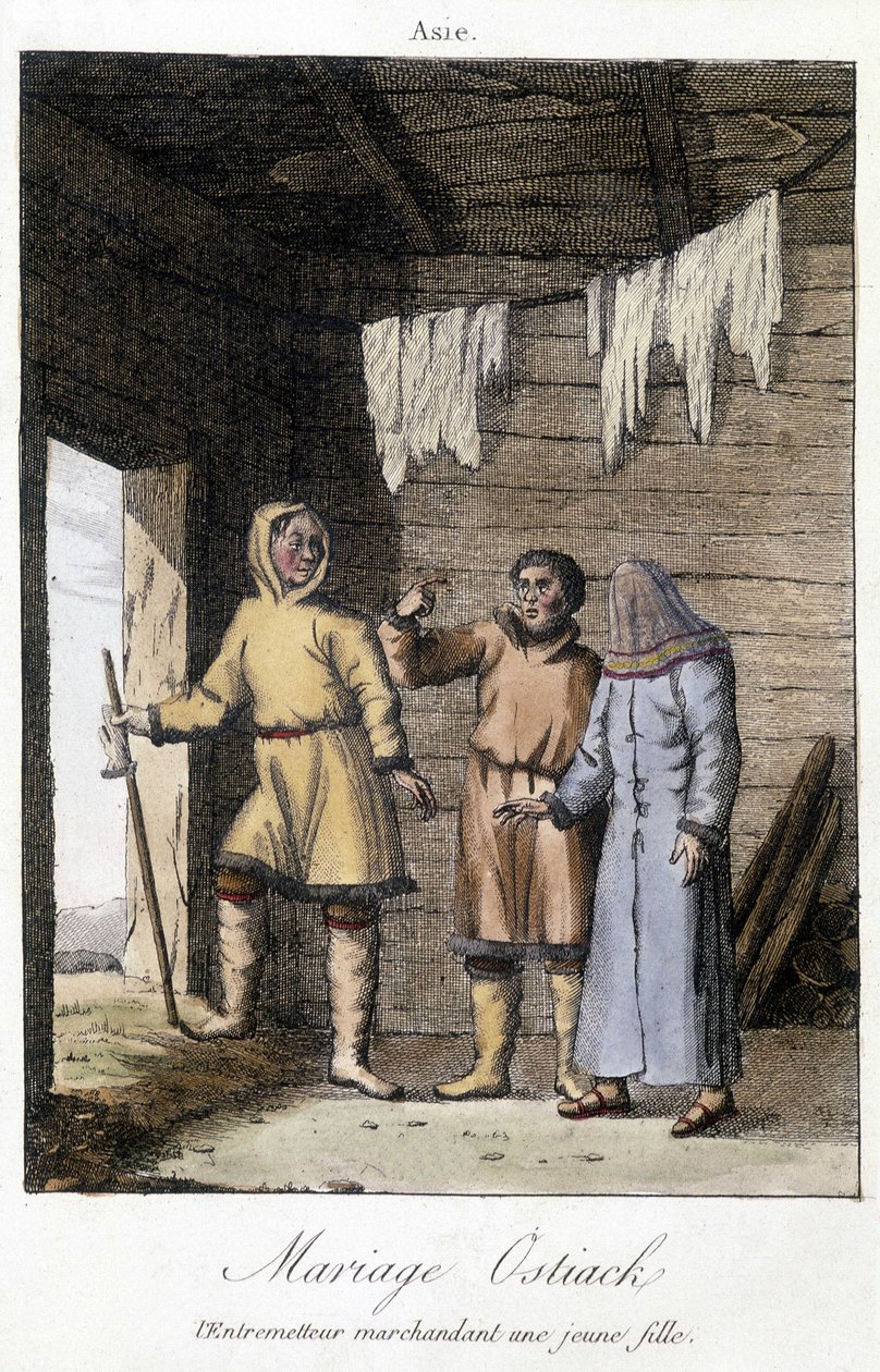 Pośrednik targujący się z młodą dziewczyną na wesele Ostiak (Chanty lub Khante) (plemię myśliwych paleosyberyjskich założone na terenach leśnych doliny środkowego Obu). autorstwa Unknown artist