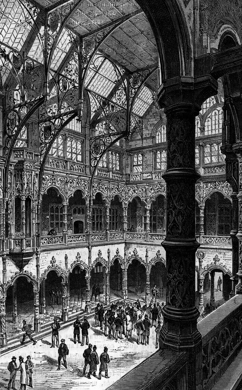 Widok wewnętrzny giełdy w Antwerpii w XIX wieku. Grawerowanie w „Le journal de la jeunesse”” autorstwa Unknown artist